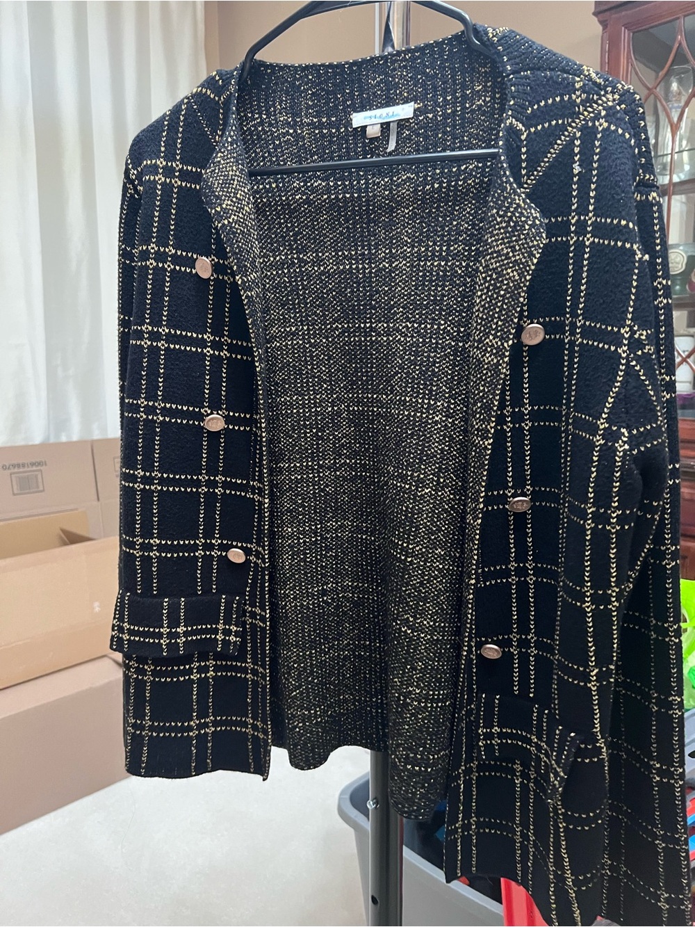 Sioni Black & Gold Windowpane Knit Cardigan